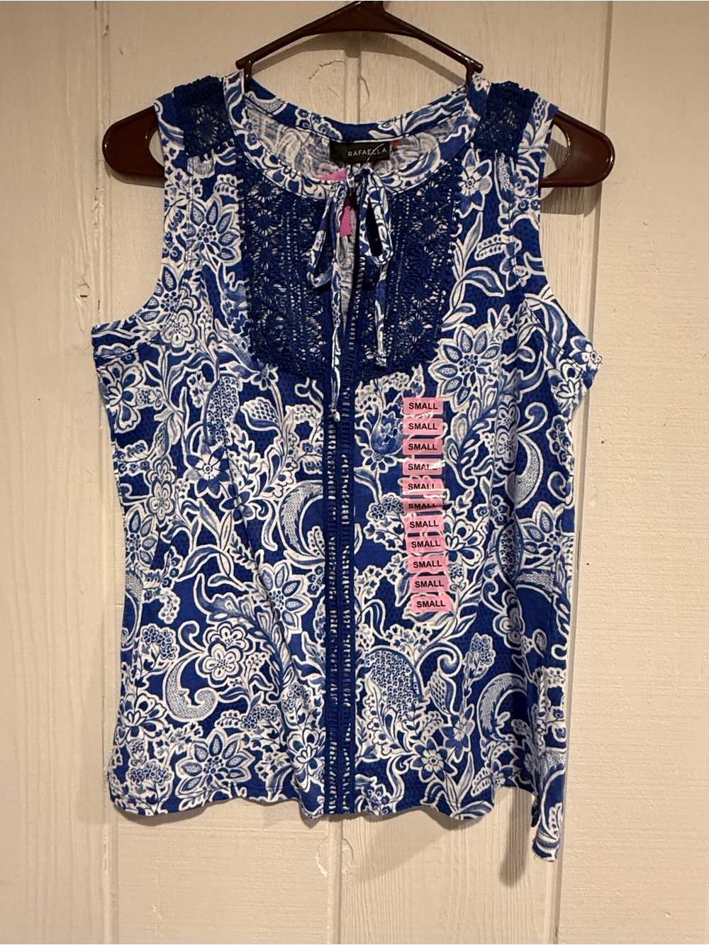 Rafaella Blue and White Floral Lace-Yoke Tank